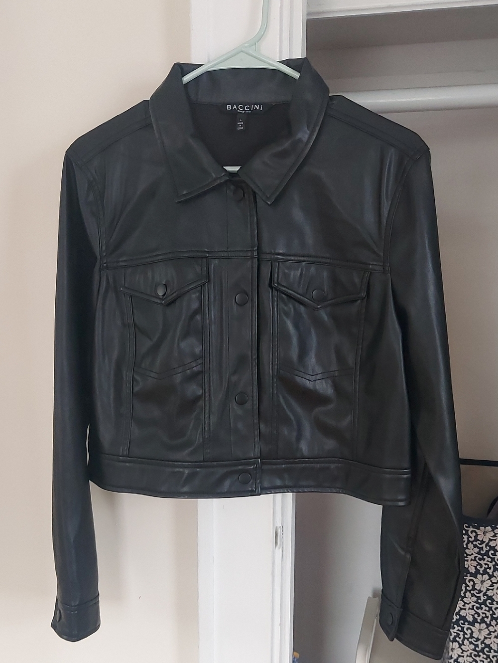 Baccini Black Faux Leather Trucker Jacket